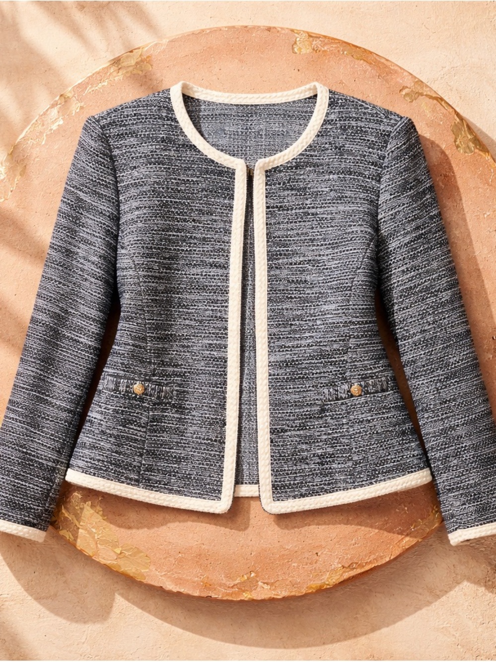 Channeling “CHANEL” Blue Tweed Jacket with White Trim. Fun luxe lining. See top!